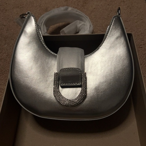 Gabine Metallic Leather Gem-Embellished Hobo Bag - Silver - Picture 7 of 9
